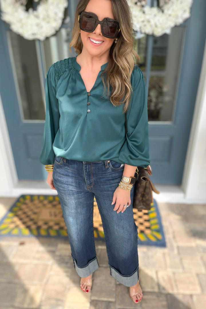 Teal Ease Button Blouse