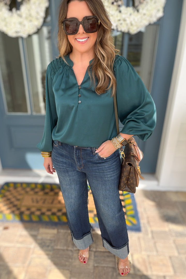 Teal Ease Button Blouse