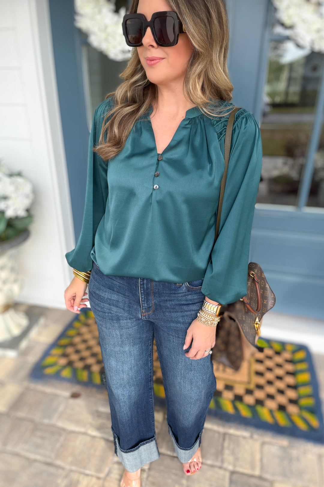 Teal Ease Button Blouse