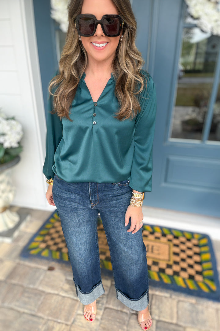 Teal Ease Button Blouse
