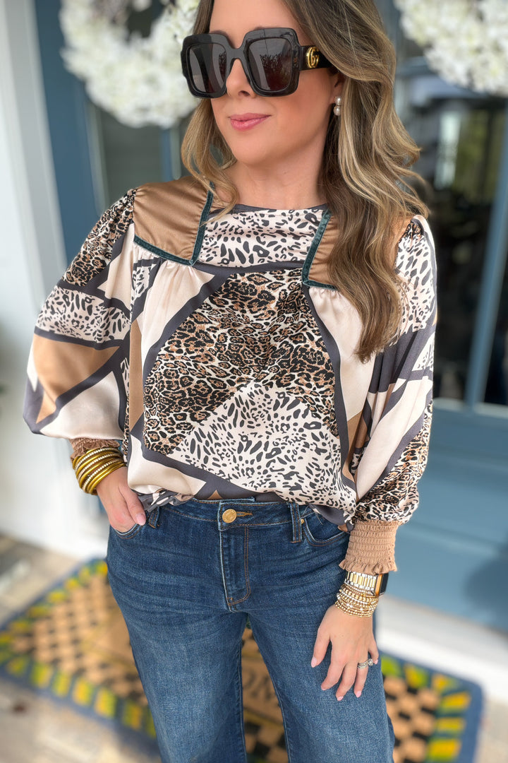 Modern Leopard Smocked Sleeve Blouse