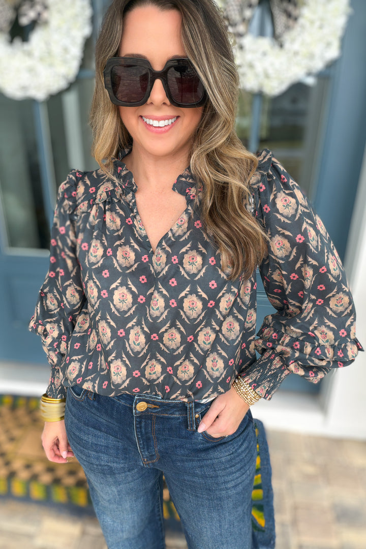 Medallion Ruffle Blouse - Ash Green