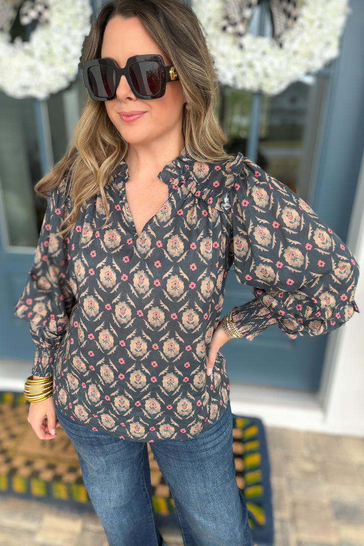 Medallion Ruffle Blouse - Ash Green