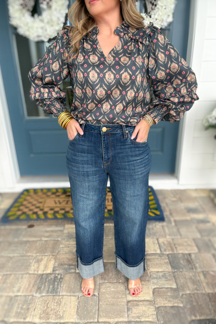 Medallion Ruffle Blouse - Ash Green