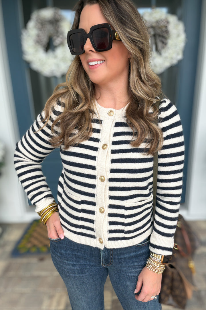 Coastal Classic Stripe Cardigan - Dark Navy + Cream