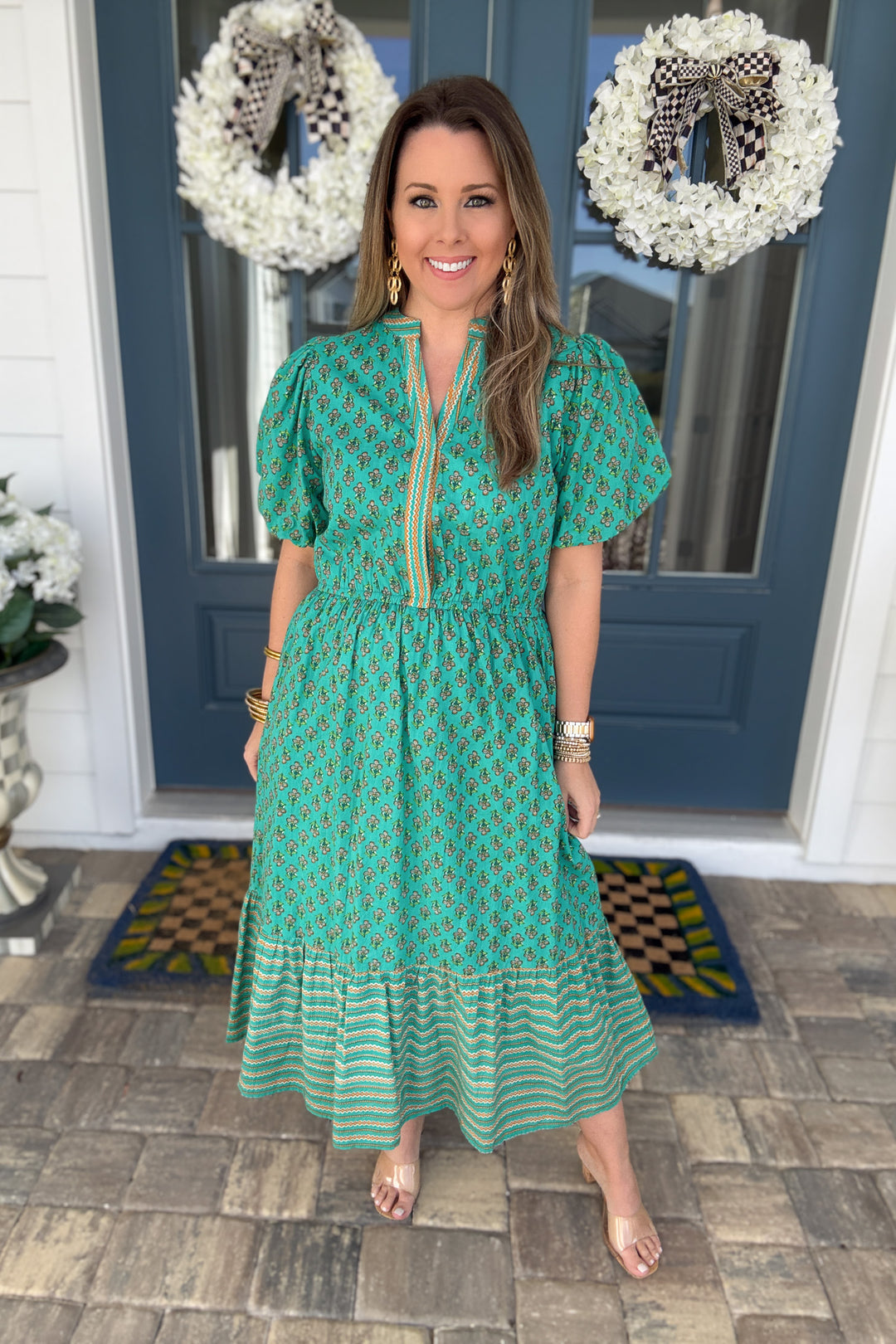 THML: Teal Medallion Printed Midi  Dress - B Social Boutique