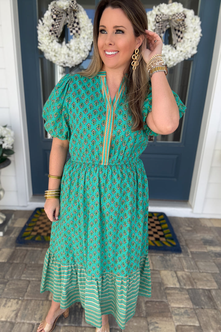 THML: Teal Medallion Printed Midi  Dress - B Social Boutique