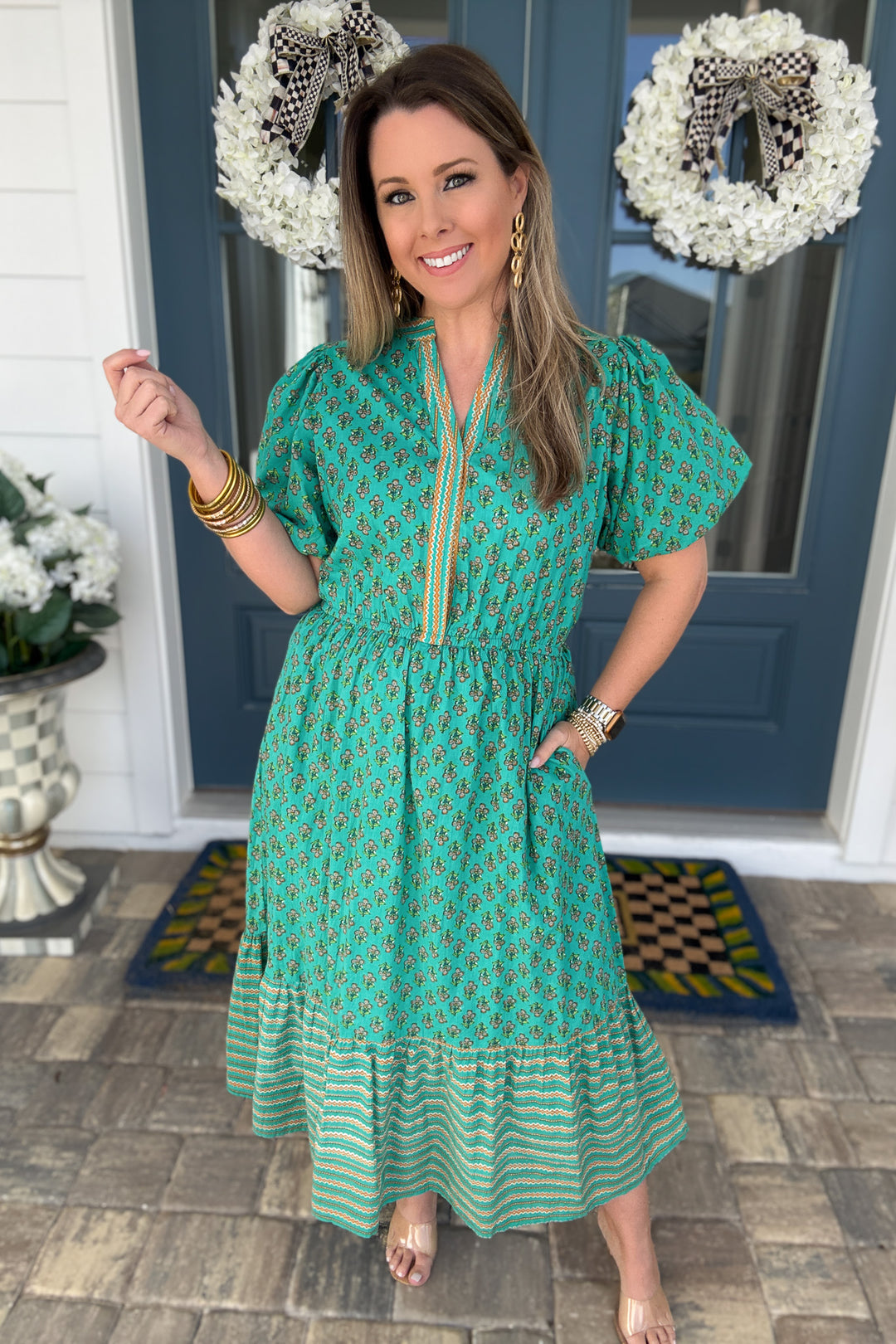 THML: Teal Medallion Printed Midi  Dress - B Social Boutique