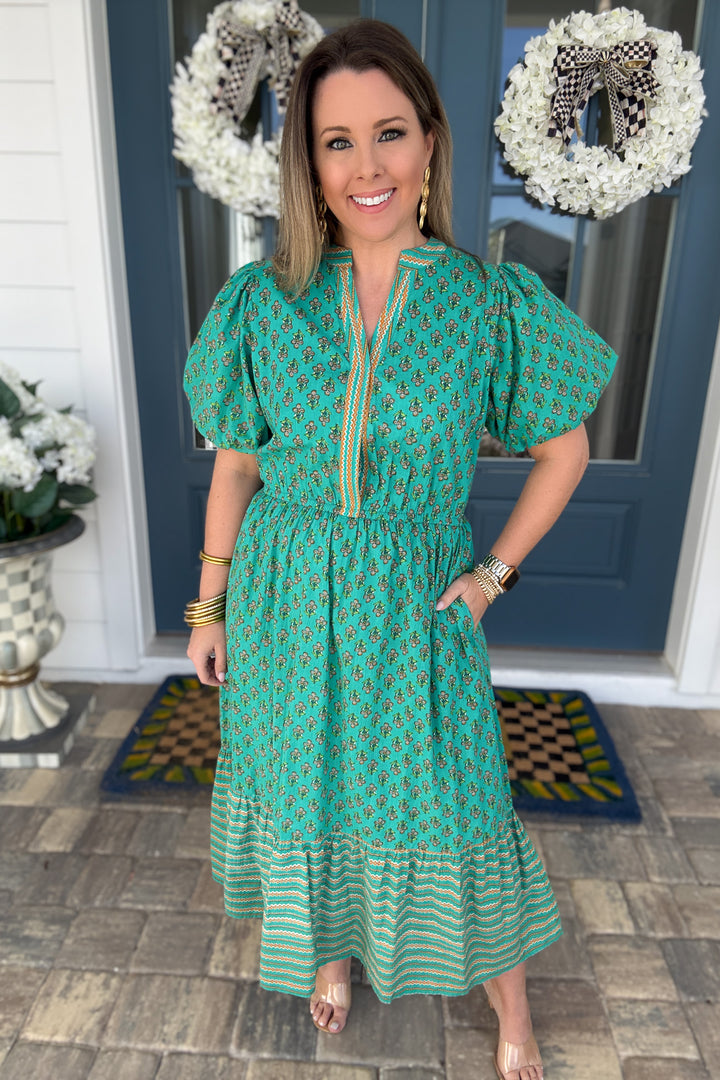 THML: Teal Medallion Printed Midi  Dress - B Social Boutique