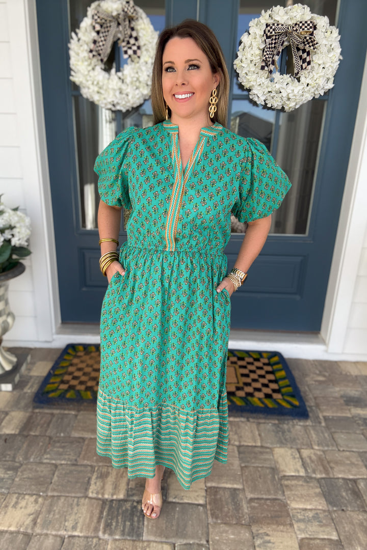 THML: Teal Medallion Printed Midi  Dress - B Social Boutique