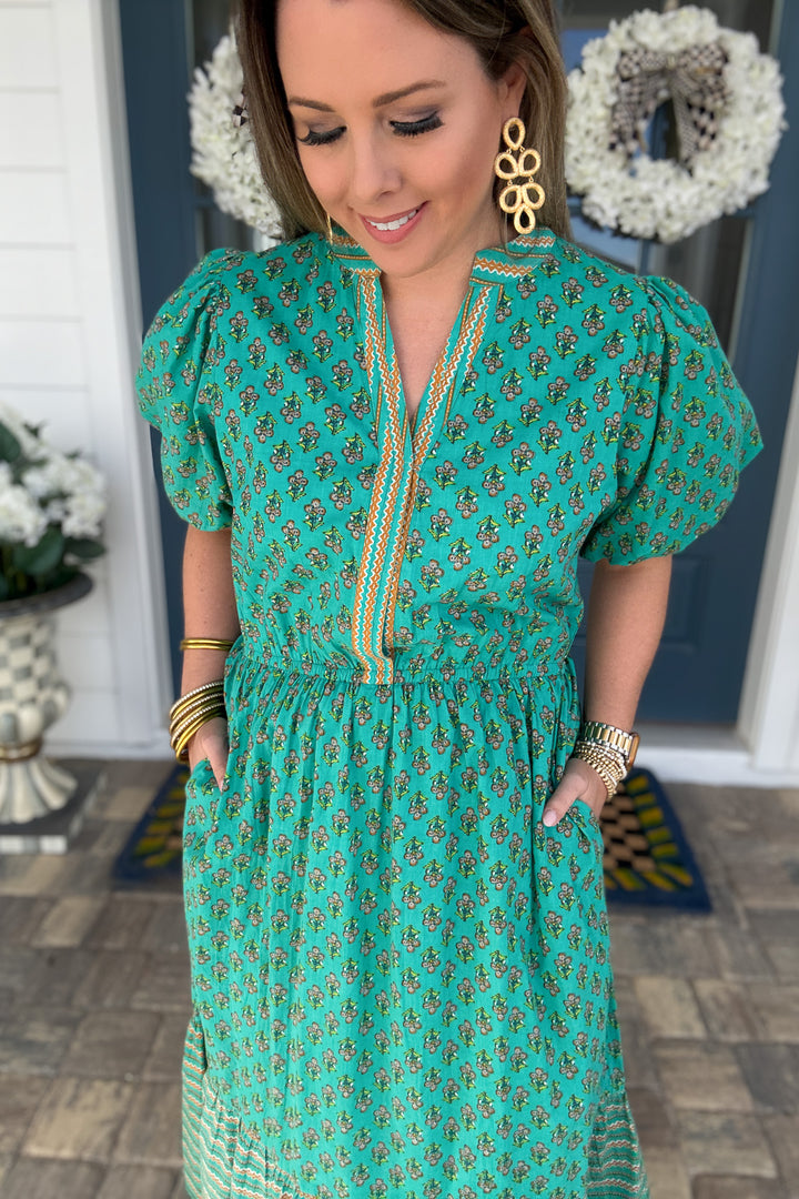 THML: Teal Medallion Printed Midi  Dress - B Social Boutique