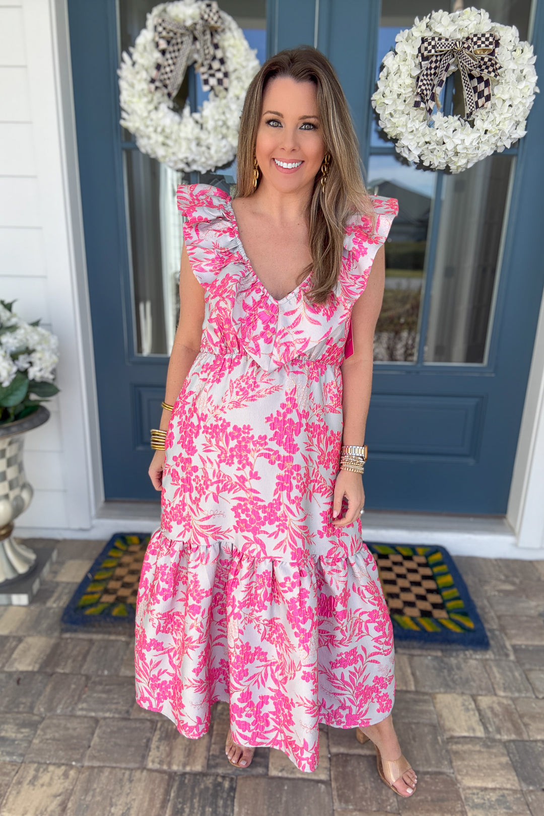 Buddylove: Angie Bristol Brocade Ruffle Midi Dress -  Pink Gray