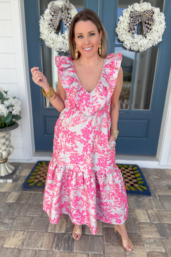 Buddylove: Angie Bristol Brocade Ruffle Midi Dress -  Pink Gray