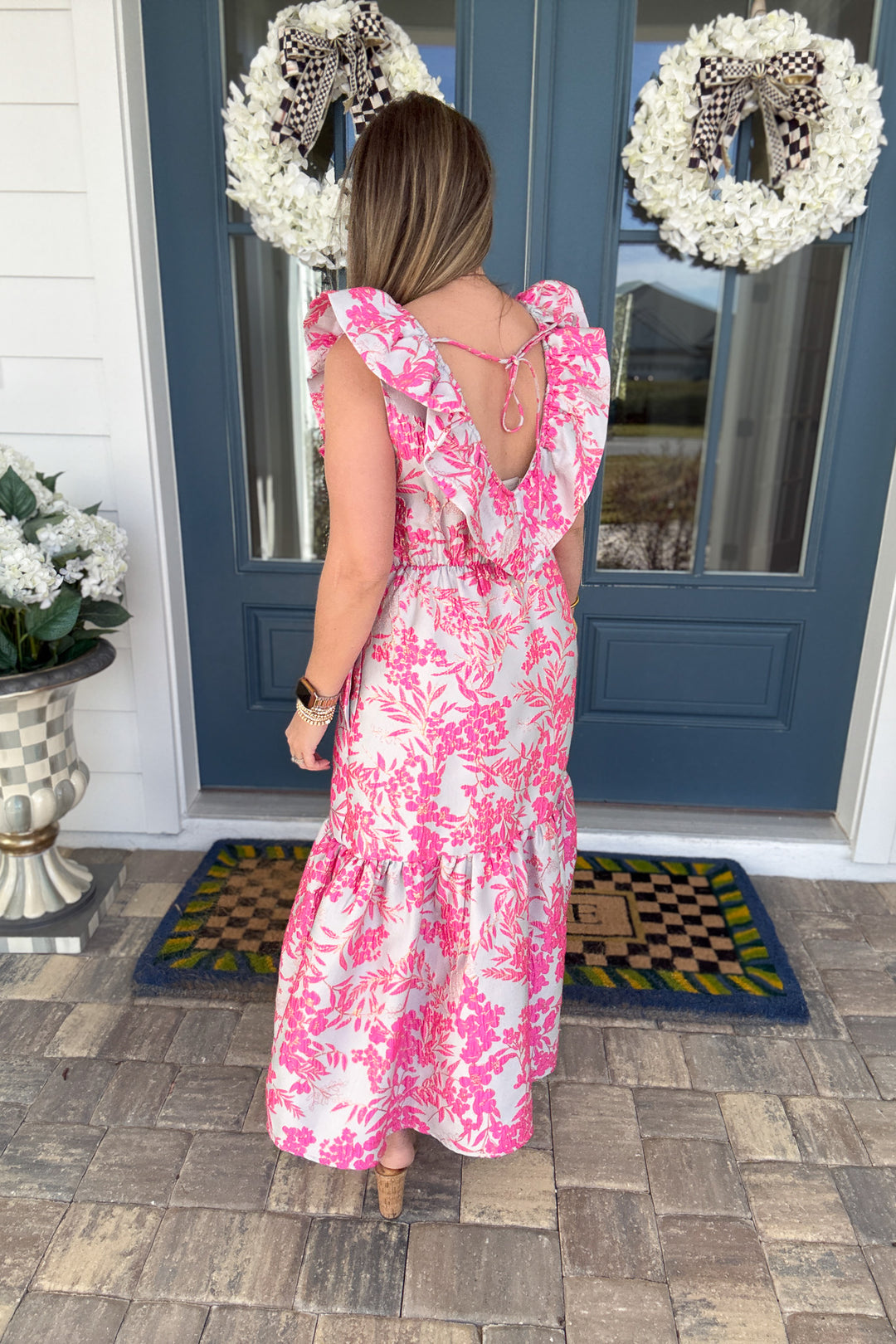 Buddylove: Angie Bristol Brocade Ruffle Midi Dress -  Pink Gray