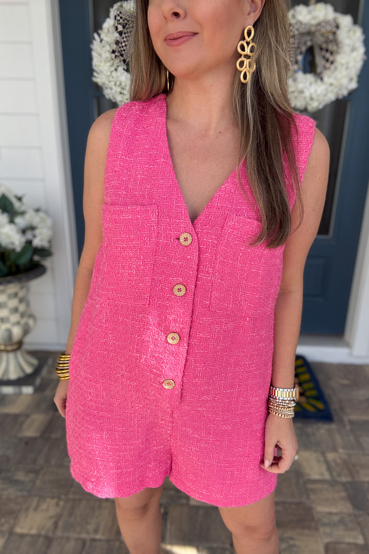 Pink Tweed Button Front Romper - B Social Boutique