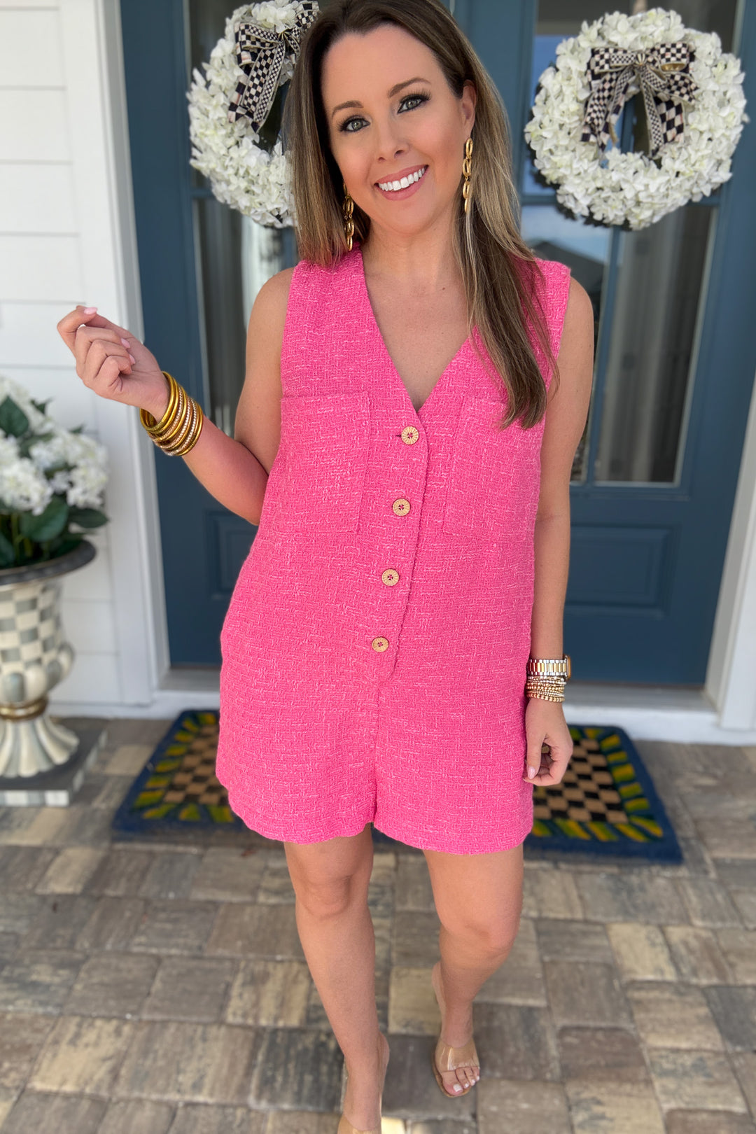 Pink Tweed Button Front Romper - B Social Boutique