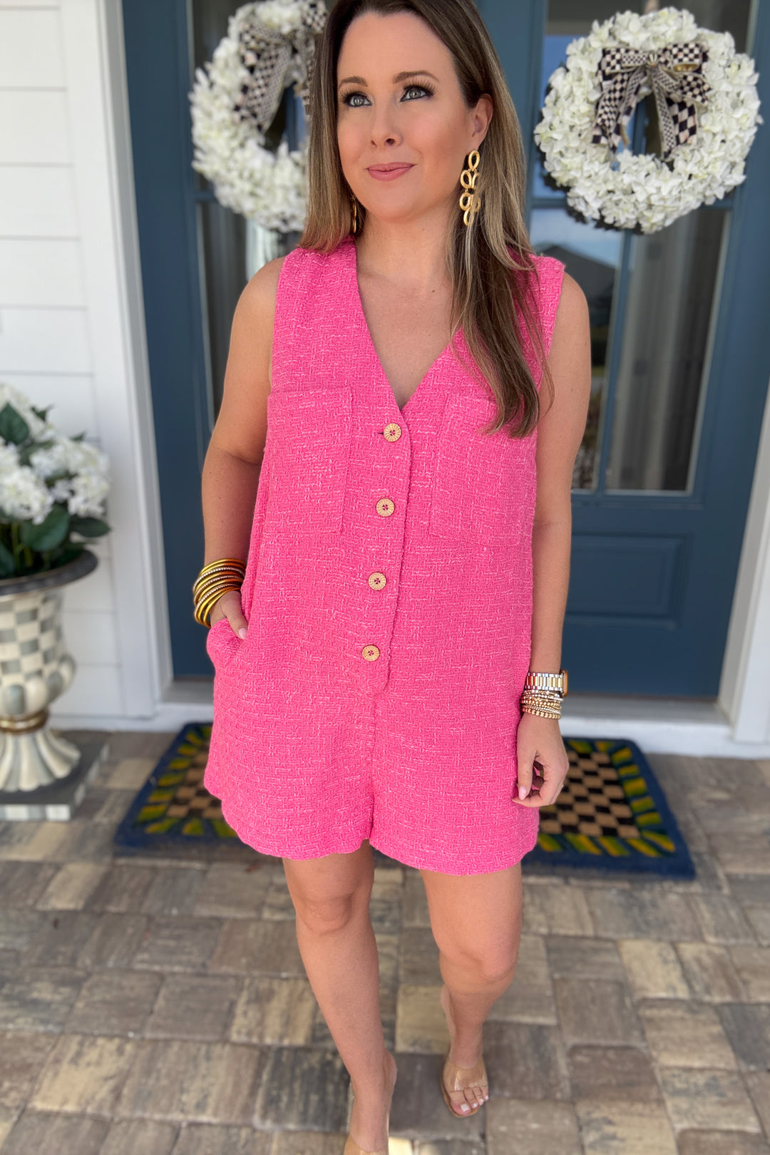 Pink Tweed Button Front Romper - B Social Boutique