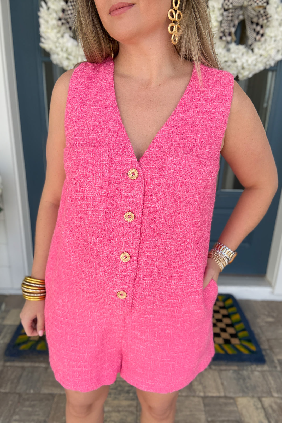 Pink Tweed Button Front Romper - B Social Boutique