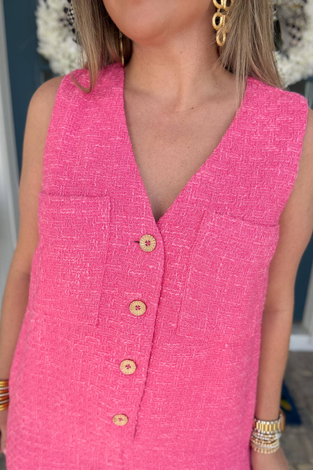 Pink Tweed Button Front Romper - B Social Boutique