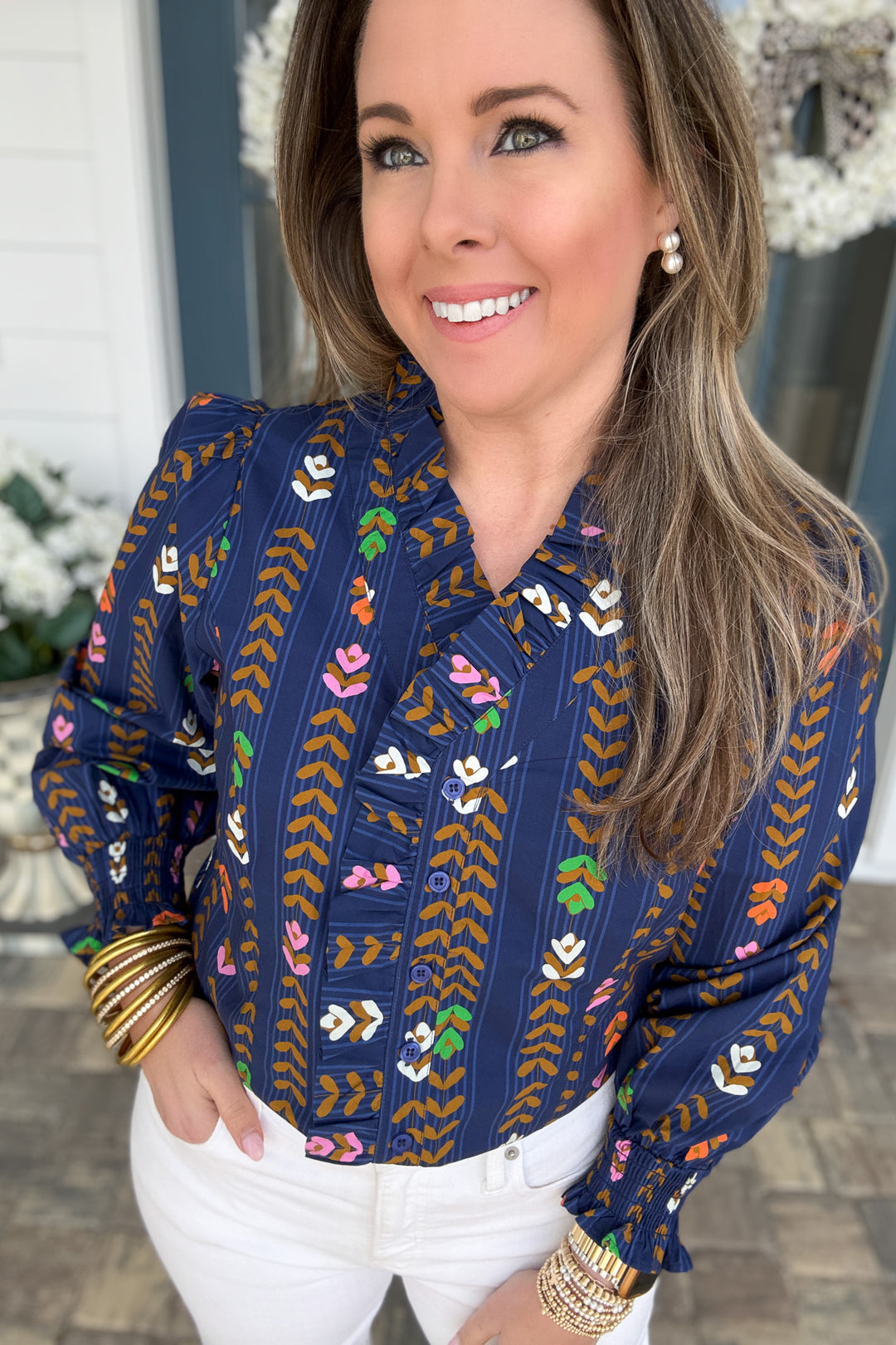 Striped Floral Print V-Neck Top - Midnight Mix - B Social Boutique