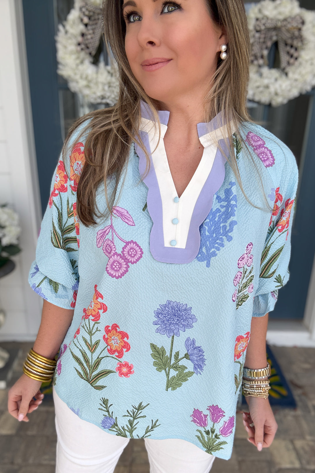Floral Blouse with Scallop Trim Collar - Seafoam - B Social Boutique