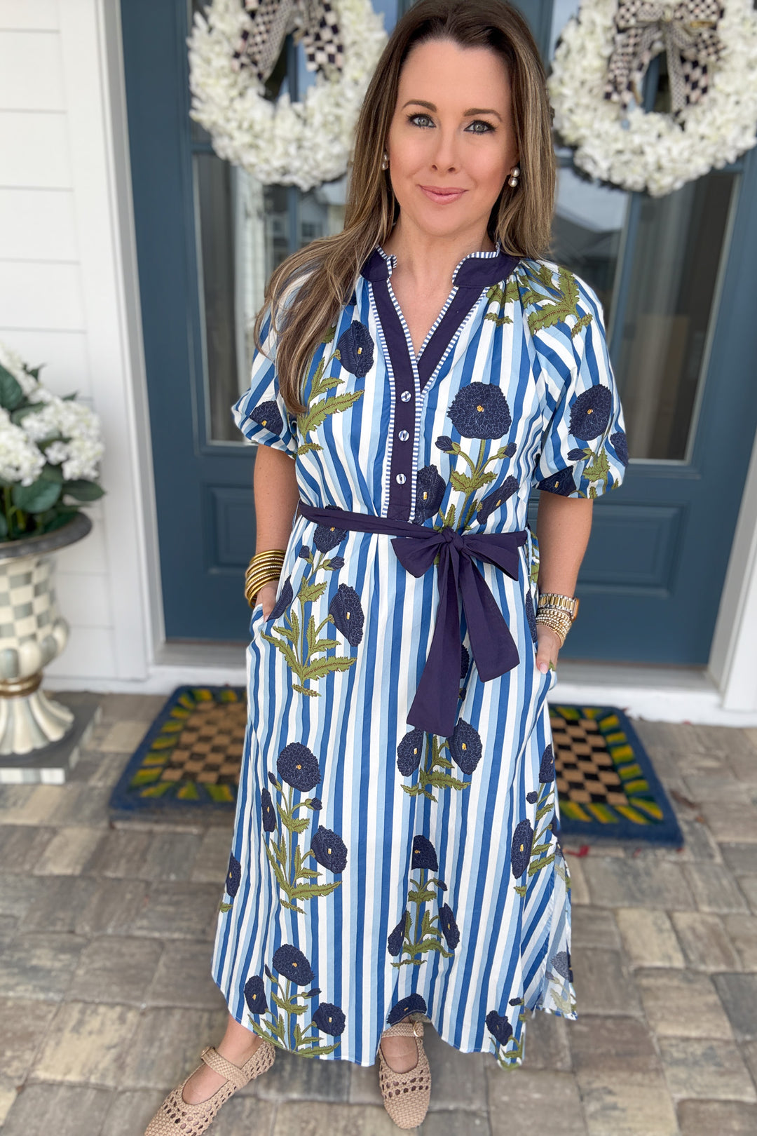 Striped Floral Maxi Dress with Waist Tie - Ocean Mix - B Social Boutique