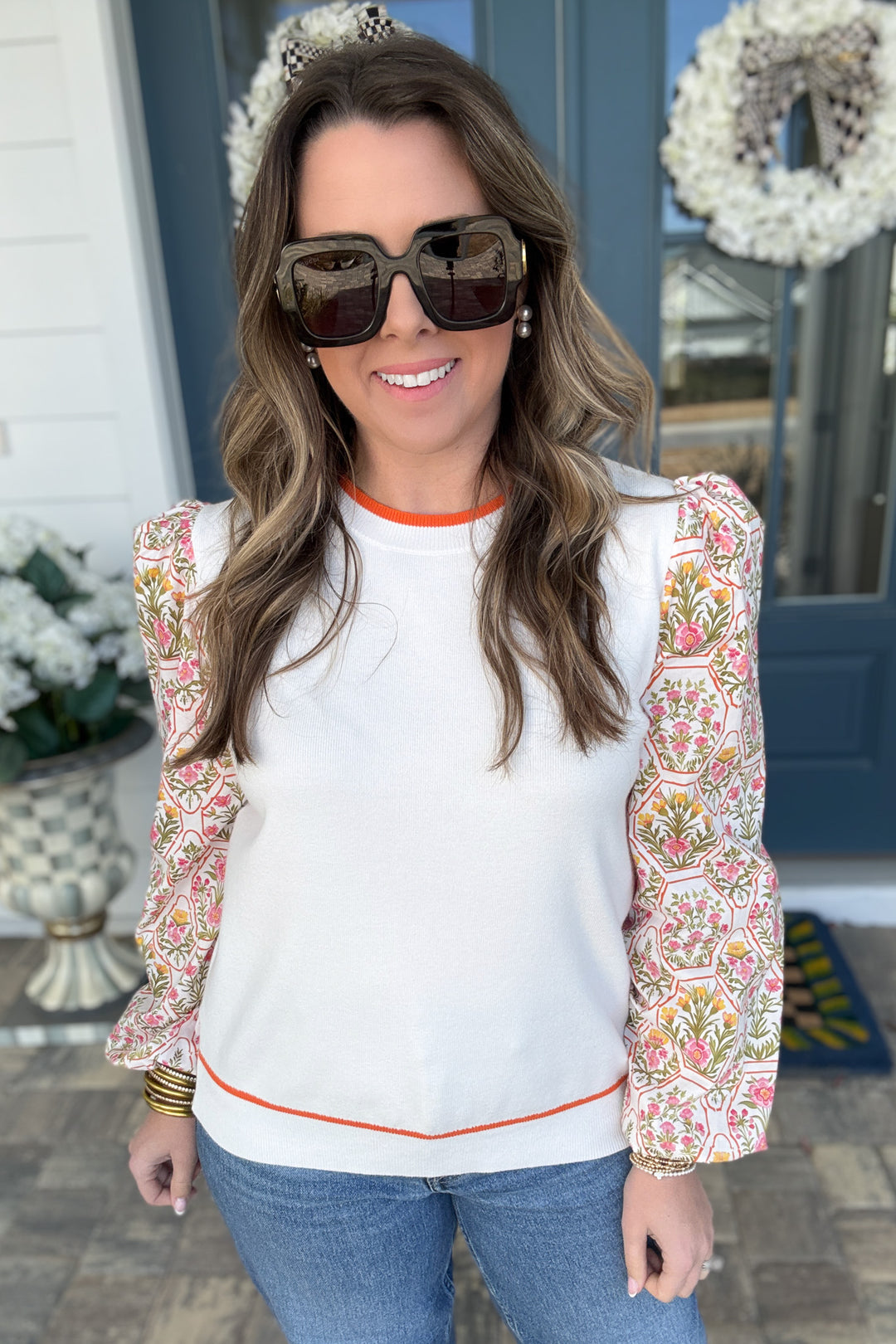 Botanical Print Puff Sleeve Crew Neck Sweater - B Social Boutique