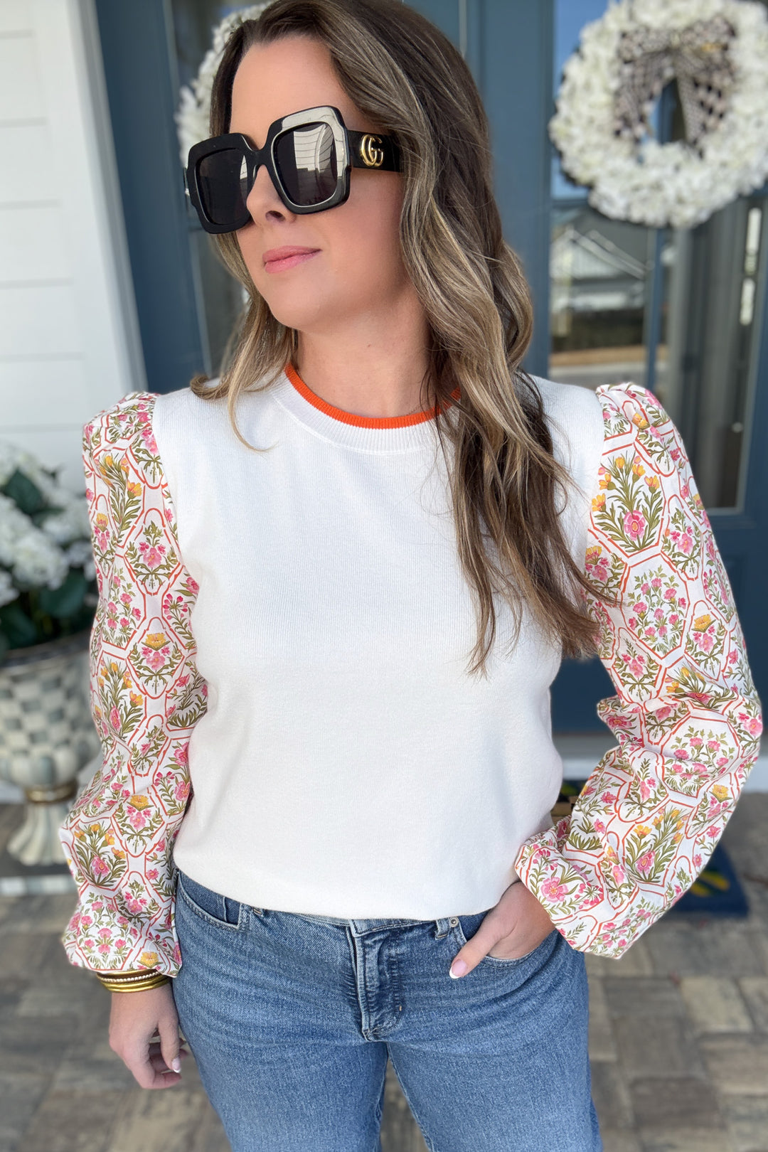 Botanical Print Puff Sleeve Crew Neck Sweater - B Social Boutique