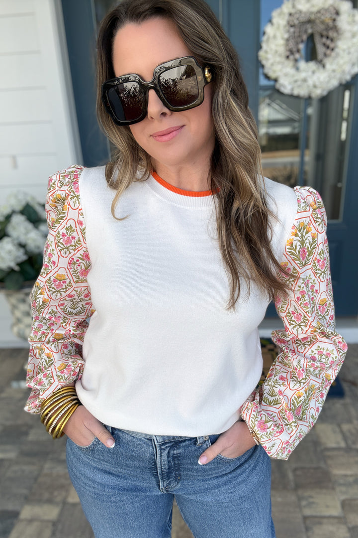 Botanical Print Puff Sleeve Crew Neck Sweater - B Social Boutique