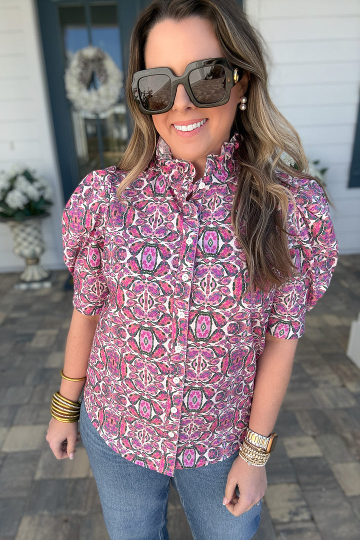 Think Pink Puff Short Sleeve Ruffle Neck Blouse - B Social Boutique