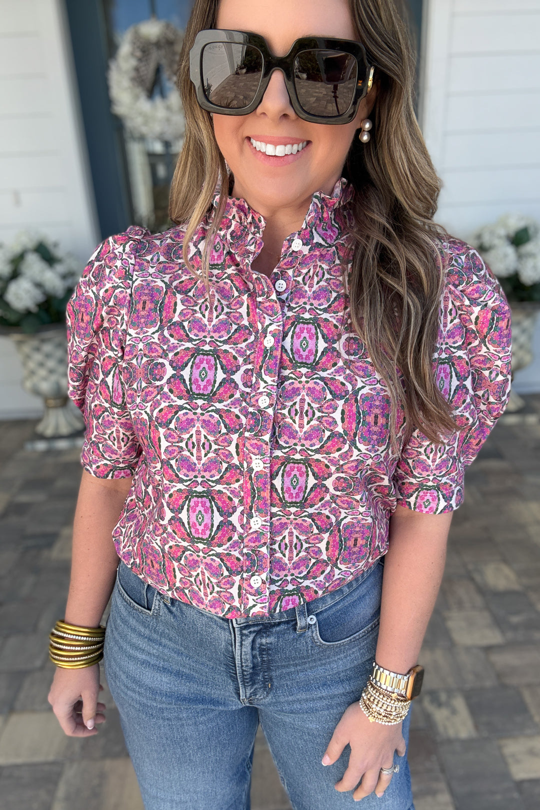 Think Pink Puff Short Sleeve Ruffle Neck Blouse - B Social Boutique