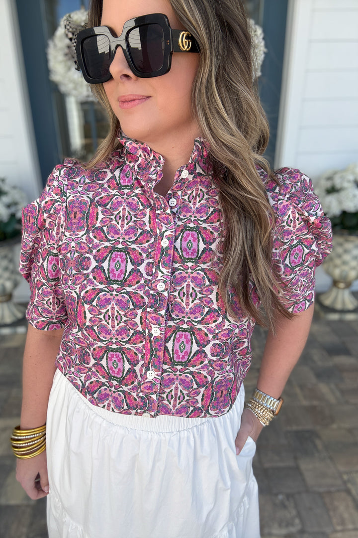 Think Pink Puff Short Sleeve Ruffle Neck Blouse - B Social Boutique