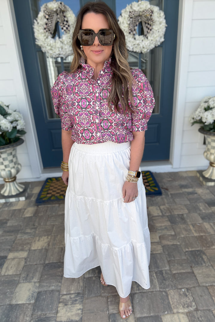 Think Pink Puff Short Sleeve Ruffle Neck Blouse - B Social Boutique