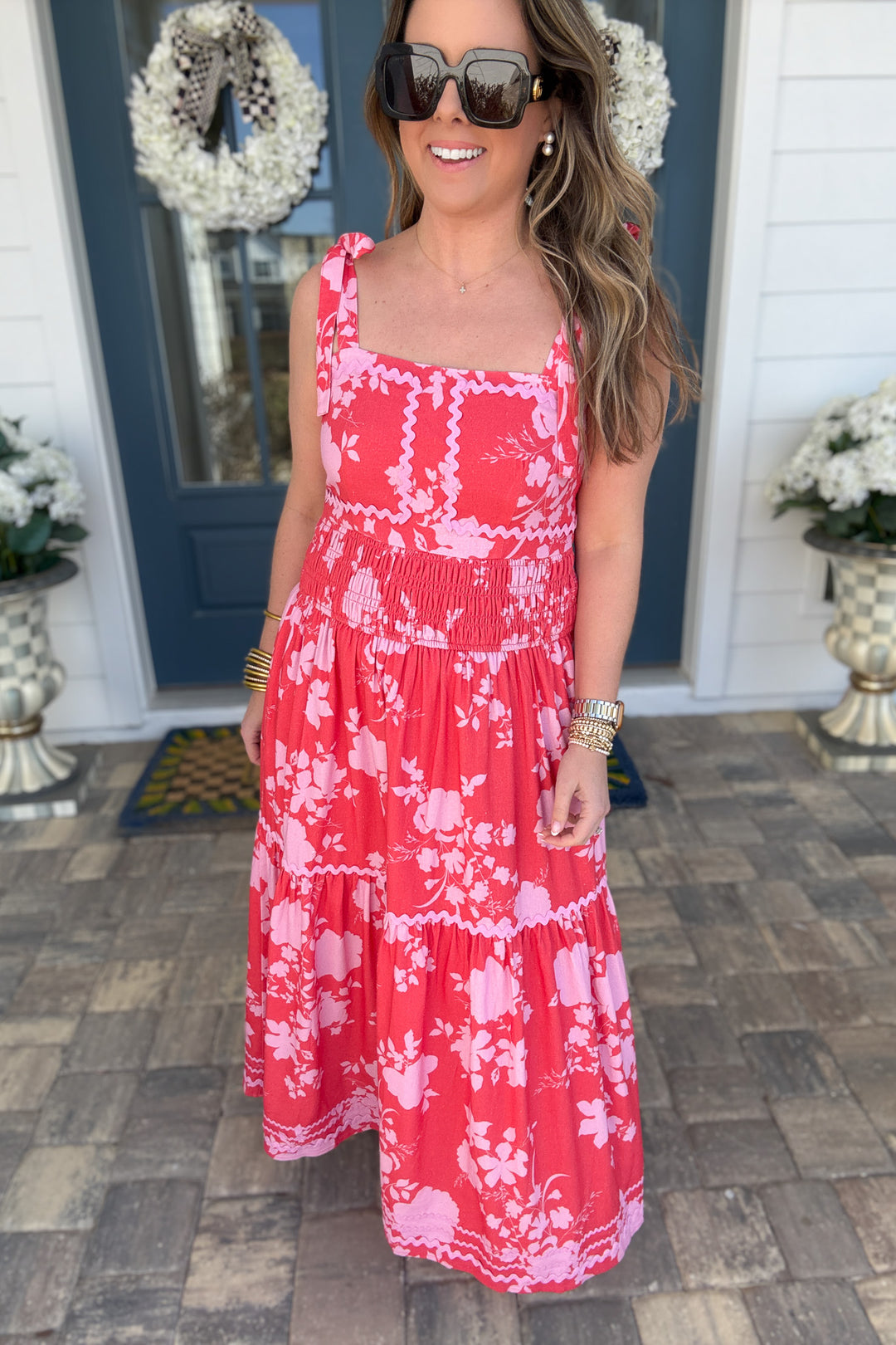 Fate: Self Tie Should Strap Maxi Dress with Ric-Rac Trim Red/Pink - B Social Boutique