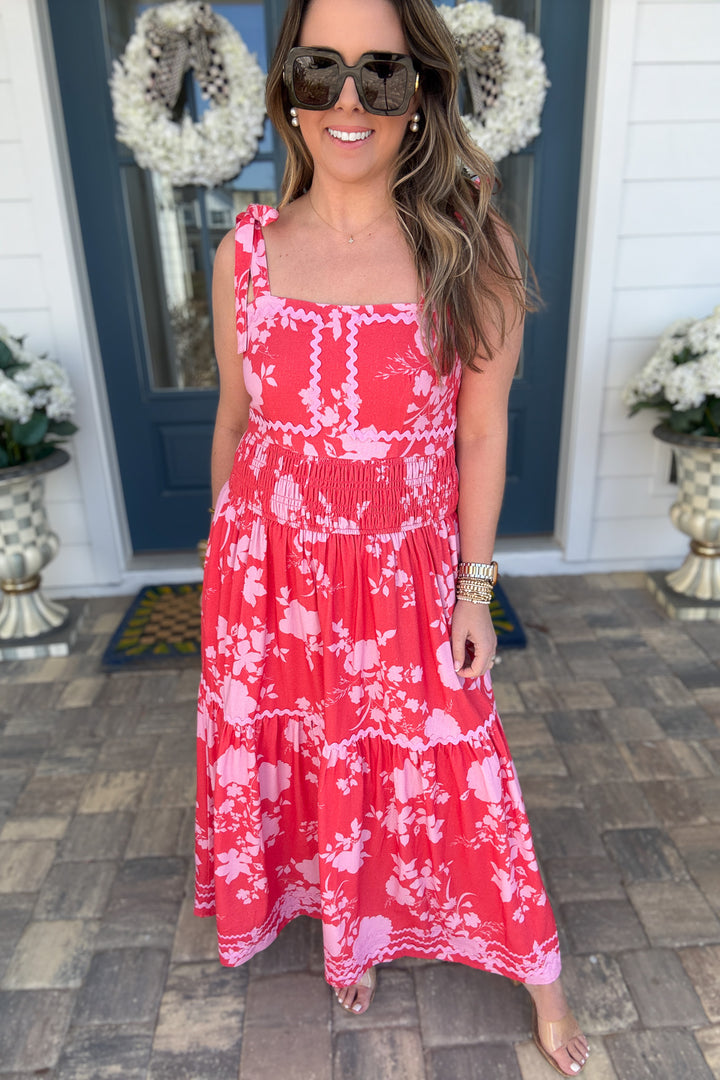 Fate: Self Tie Should Strap Maxi Dress with Ric-Rac Trim Red/Pink - B Social Boutique