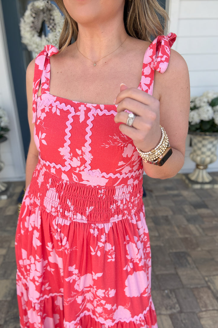 Fate: Self Tie Should Strap Maxi Dress with Ric-Rac Trim Red/Pink - B Social Boutique