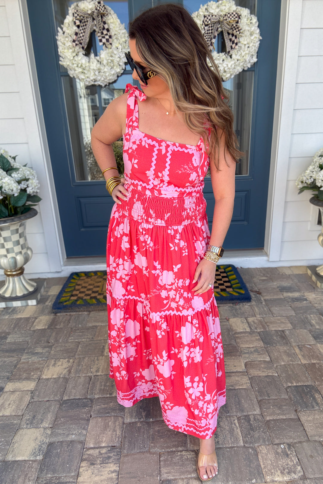 Fate: Self Tie Should Strap Maxi Dress with Ric-Rac Trim Red/Pink - B Social Boutique