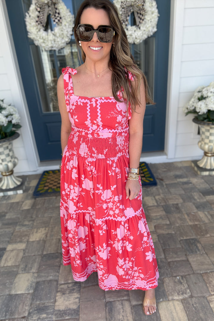 Fate: Self Tie Should Strap Maxi Dress with Ric-Rac Trim Red/Pink - B Social Boutique