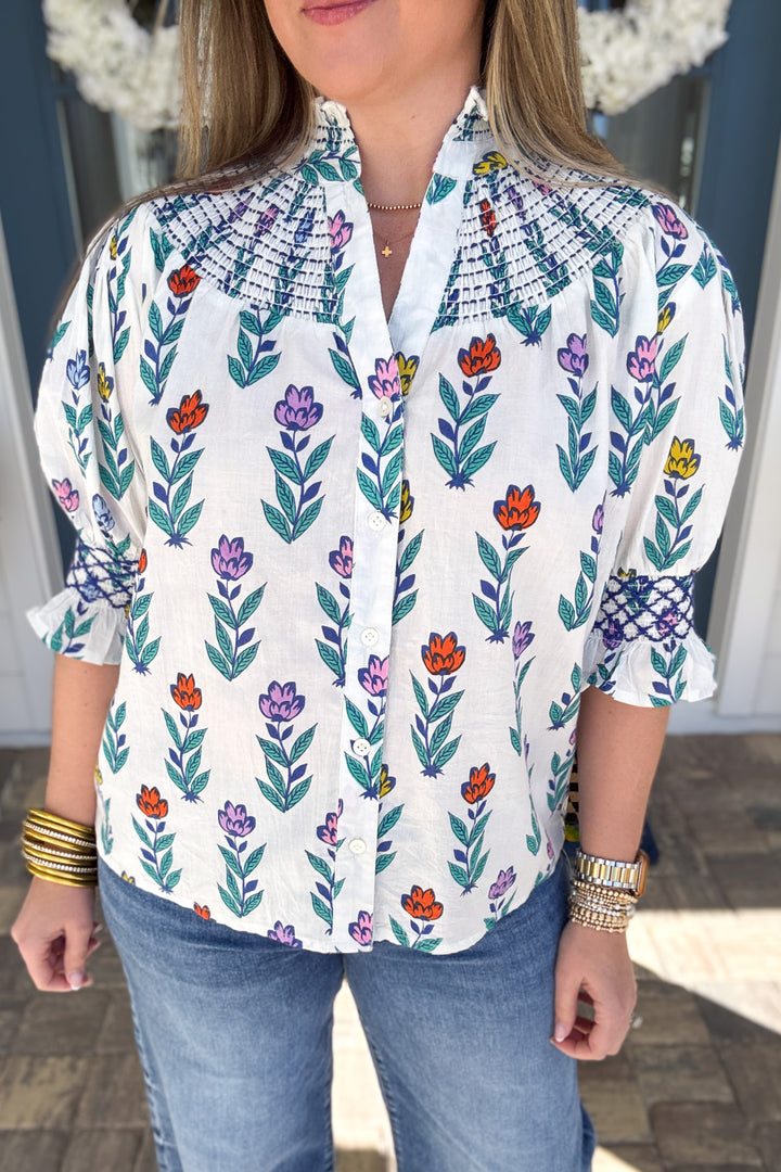 THML: Garden Stroll Smocked Yoke Blouse - B Social Boutique