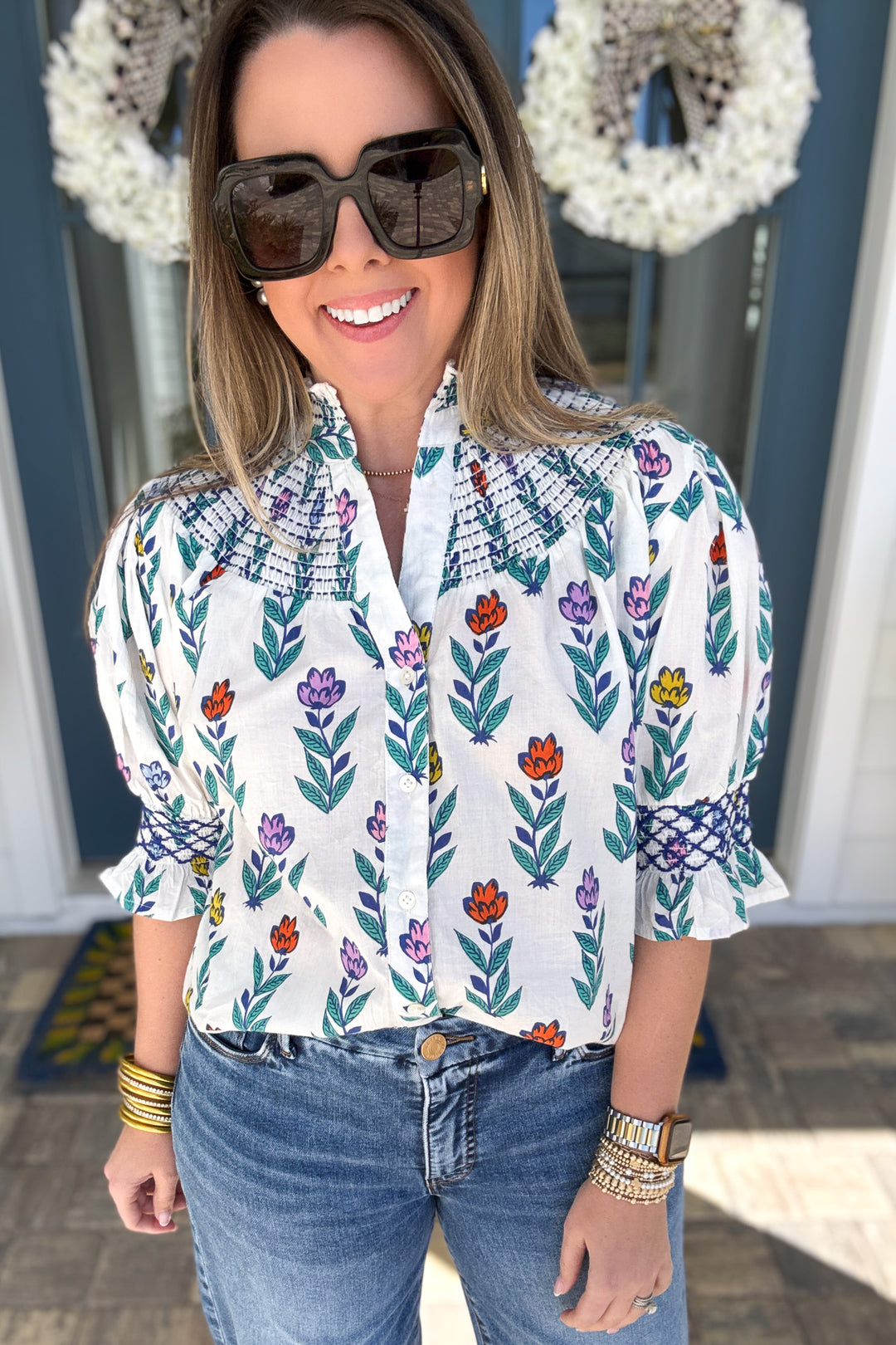 THML: Garden Stroll Smocked Yoke Blouse - B Social Boutique