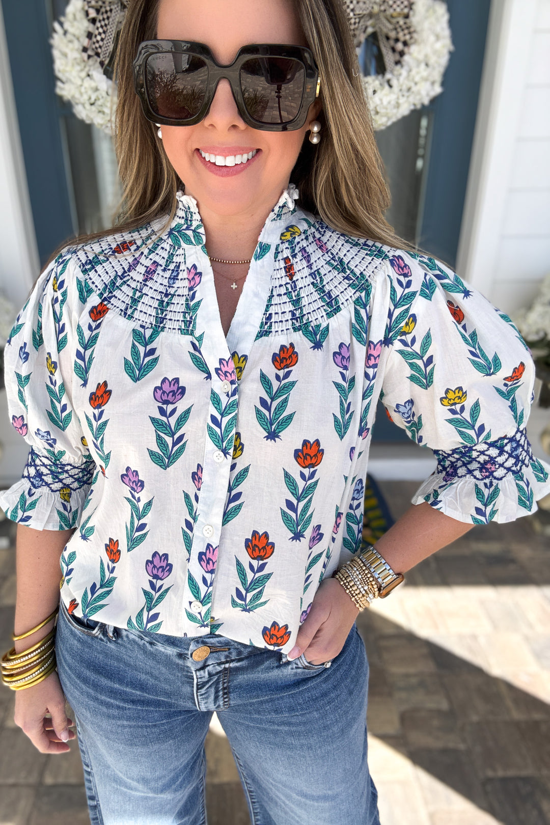 THML: Garden Stroll Smocked Yoke Blouse - B Social Boutique
