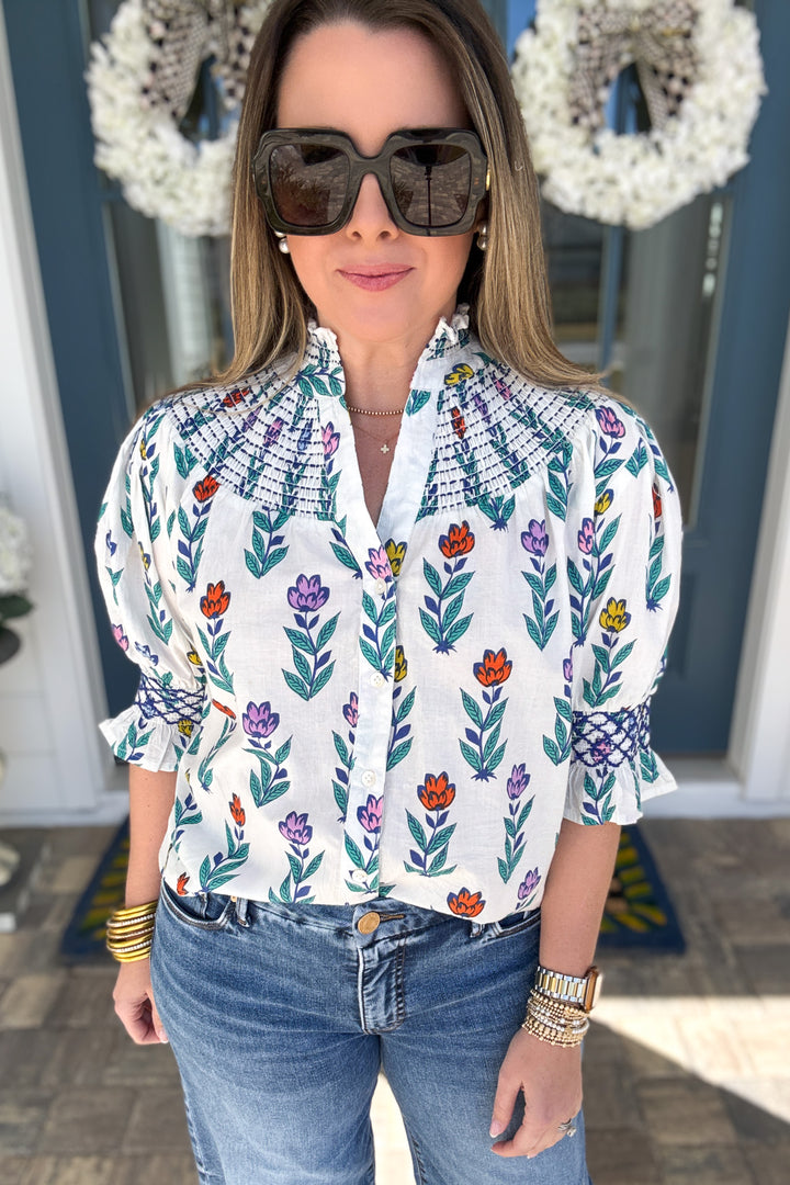 THML: Garden Stroll Smocked Yoke Blouse - B Social Boutique