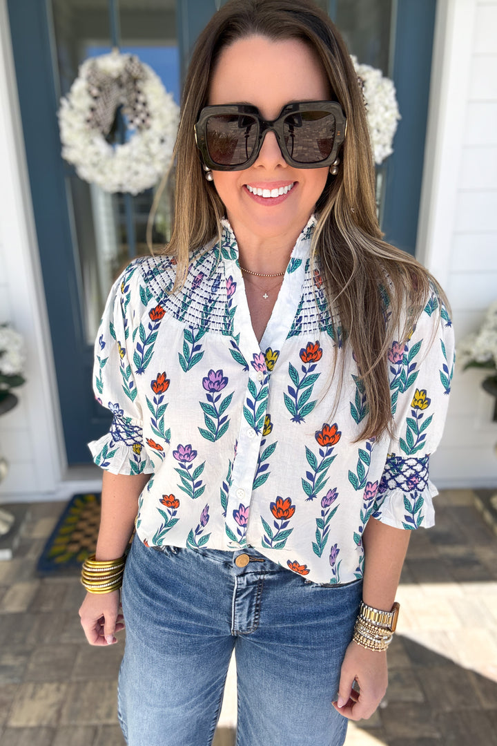 THML: Garden Stroll Smocked Yoke Blouse - B Social Boutique