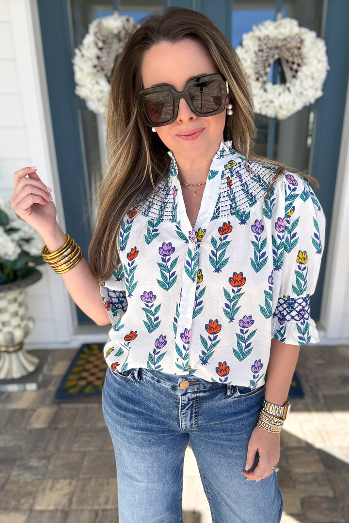 THML: Garden Stroll Smocked Yoke Blouse - B Social Boutique