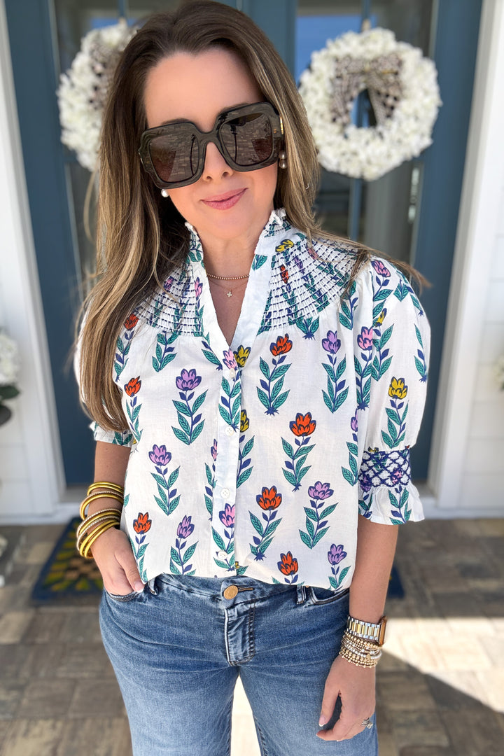 THML: Garden Stroll Smocked Yoke Blouse - B Social Boutique