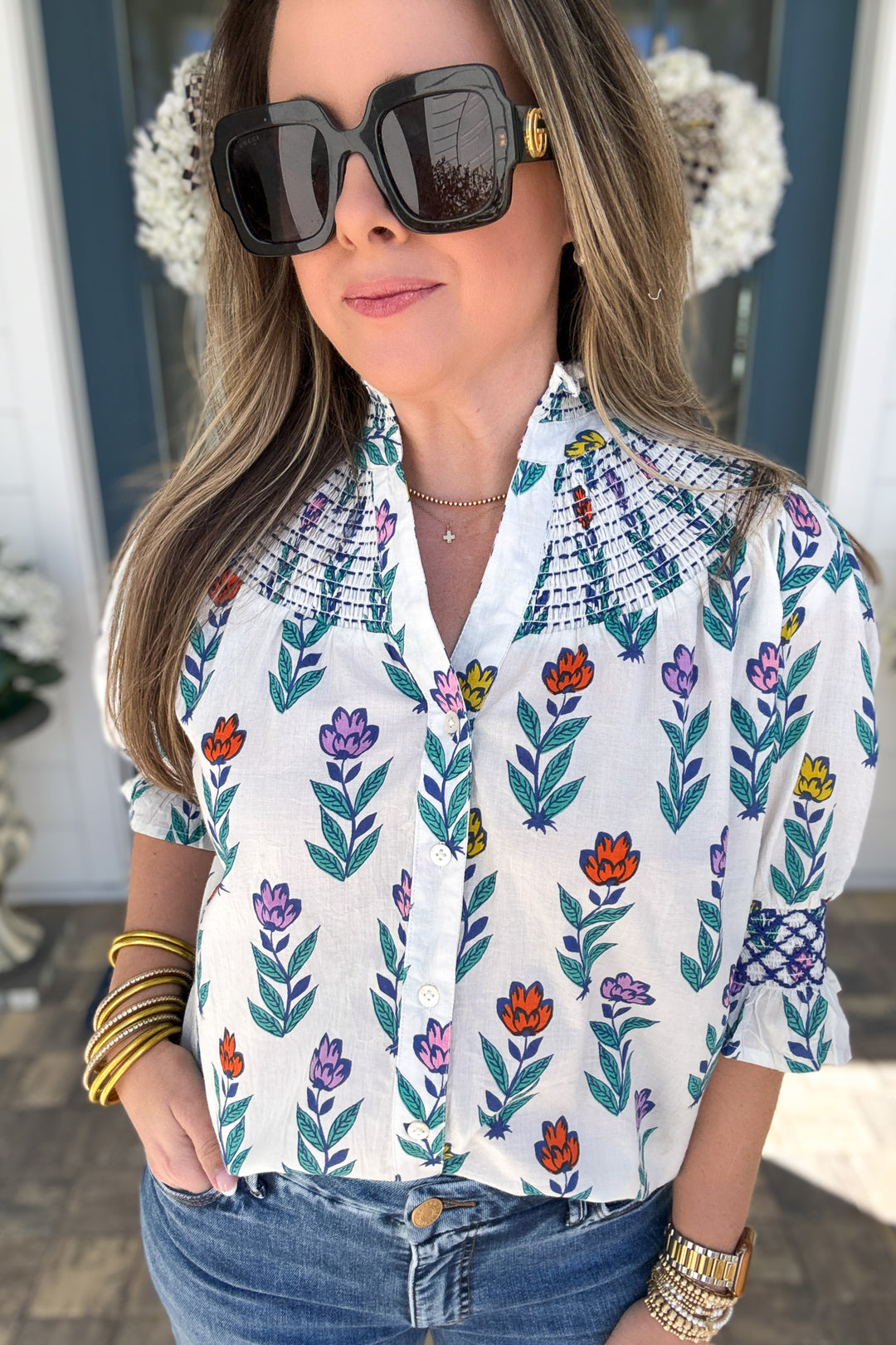 THML: Garden Stroll Smocked Yoke Blouse - B Social Boutique