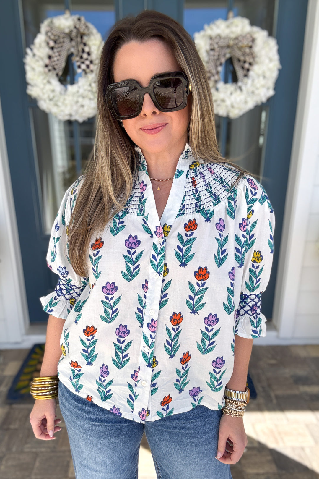 THML: Garden Stroll Smocked Yoke Blouse - B Social Boutique