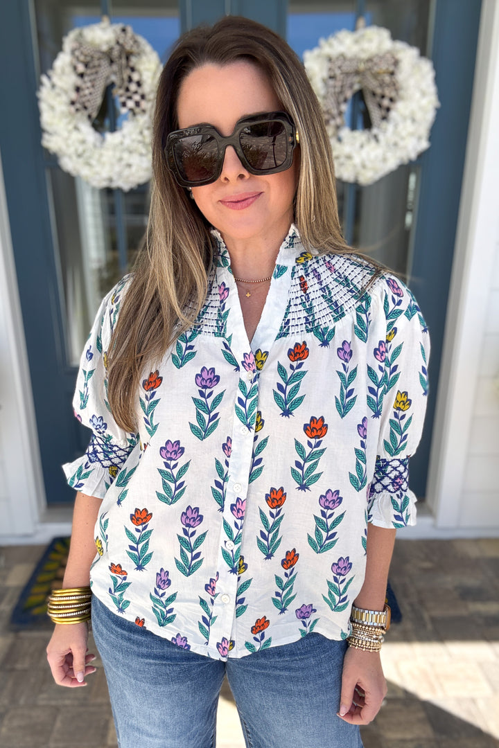 THML: Garden Stroll Smocked Yoke Blouse - B Social Boutique
