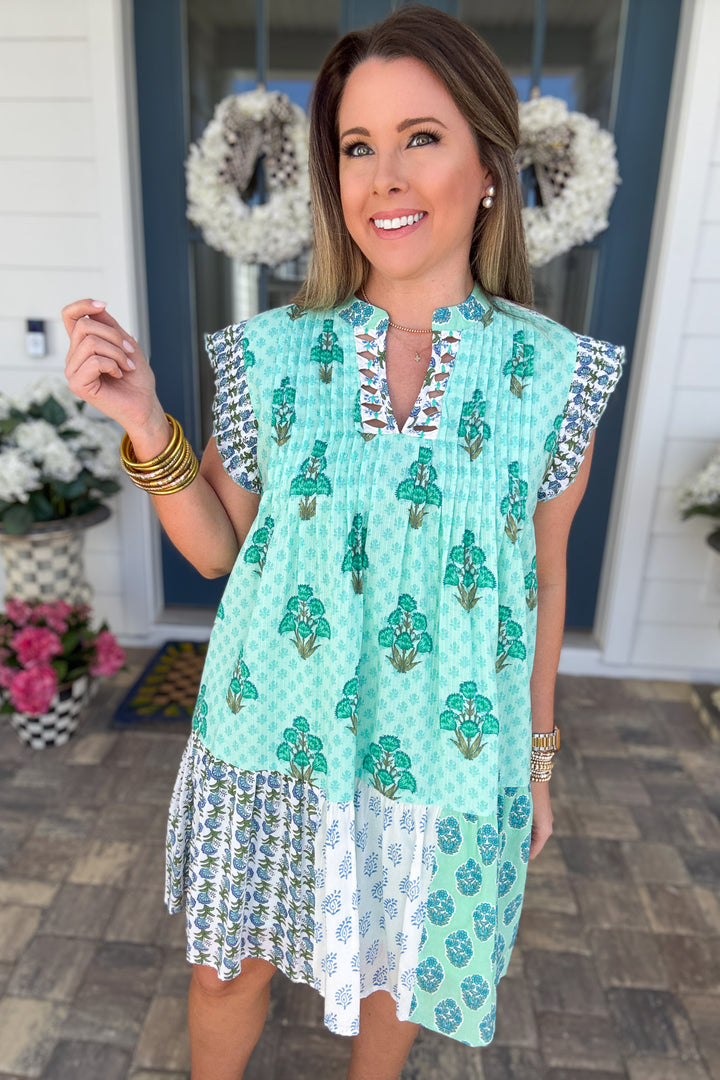 THML: Birdie Garden Patchwork Dress – Mint Multi