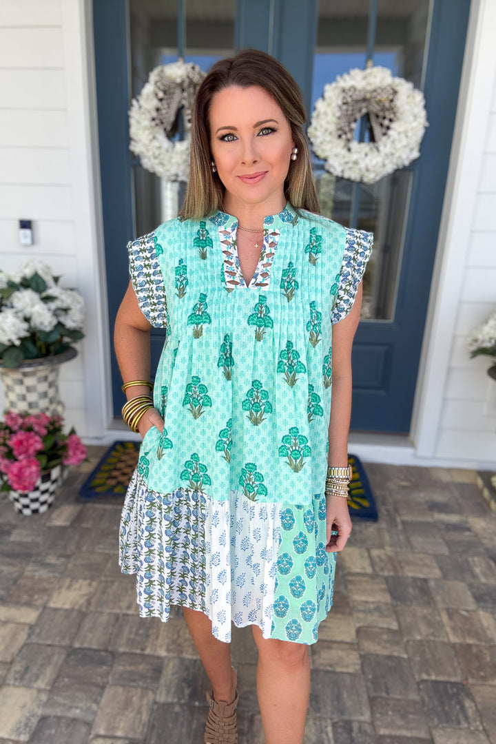 THML: Birdie Garden Patchwork Dress – Mint Multi